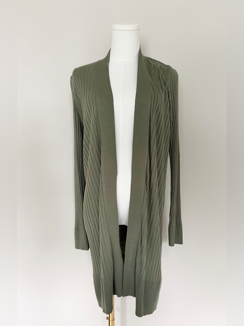 LOFT Olive Green Open-Front Ribbed Long Cardigan
